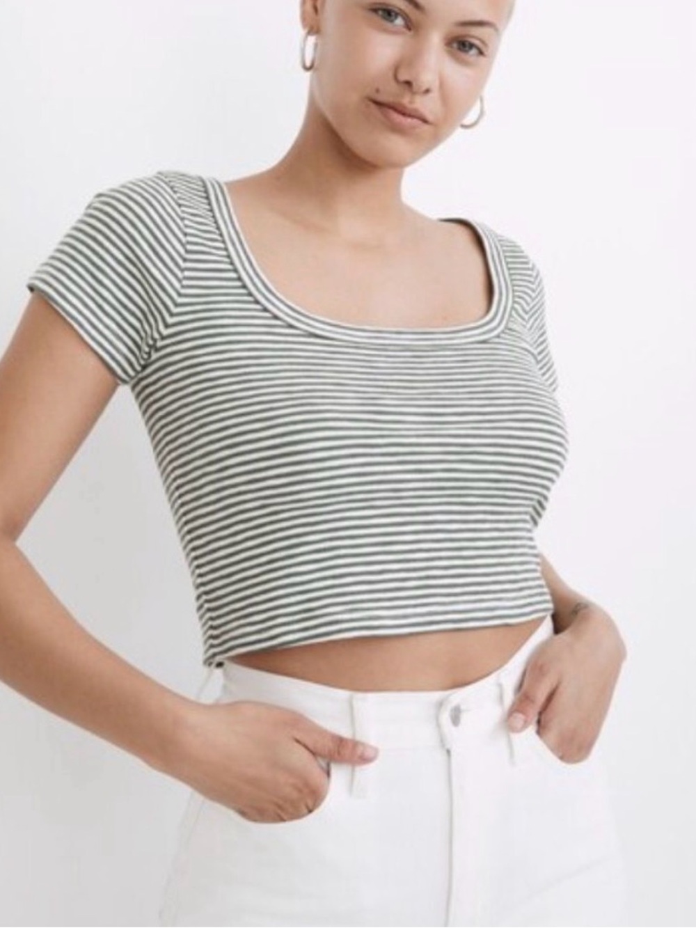Madewell Olive and White Striped Scoop Crop Top